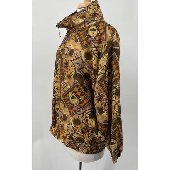 Vintage Equestrian Print Bomber Jacket Brown Tan Gold EUC Size L 100% Silk - Picture 6 of 12